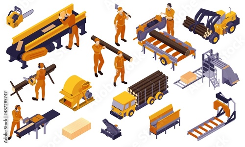 Isolated Isometric Sawmill Lumberjack Icon Set