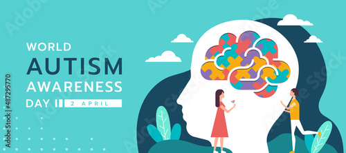 Wolrd Autism Awareness Day banner - Children are having fun with big heads with colorflu puzzle brain vector design
