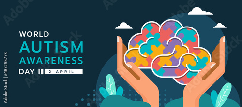 Wolrd Autism Awareness Day banner with Hands hold care colorflu puzzle brain sign on dark blue background vector design
