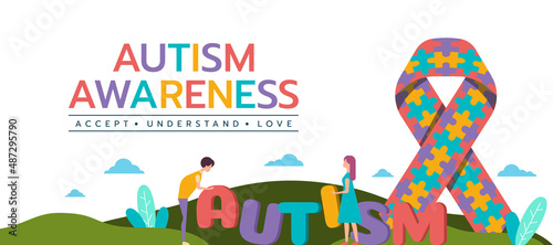 Autism Awareness Day banner - children are working together to arrange the word AUTISM and have Puzzle ribbon sign vector design