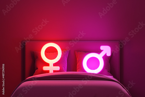 Gender symbol with bed double motel love female male valentine hotel room dim light neon bright romantic night sleep couple sexual intercourse sensual erotic dreamy symbol theme room. 3D Illustration. photo