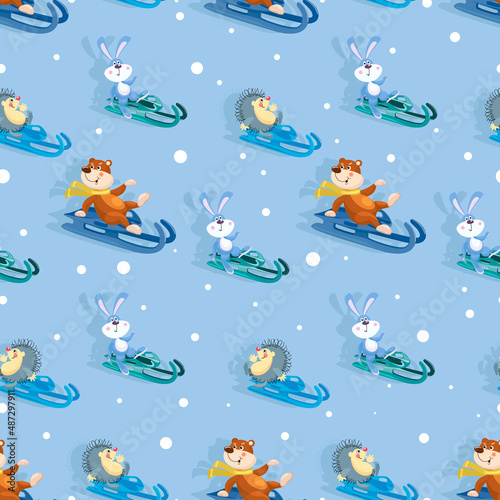 Sled sports. Cute bear, bunny and hedgehog sledding. Sports competitions in luge sports.