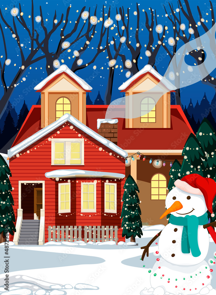 Christmas winter scene with a house and snowman Christmas winter scene with a house and snowman