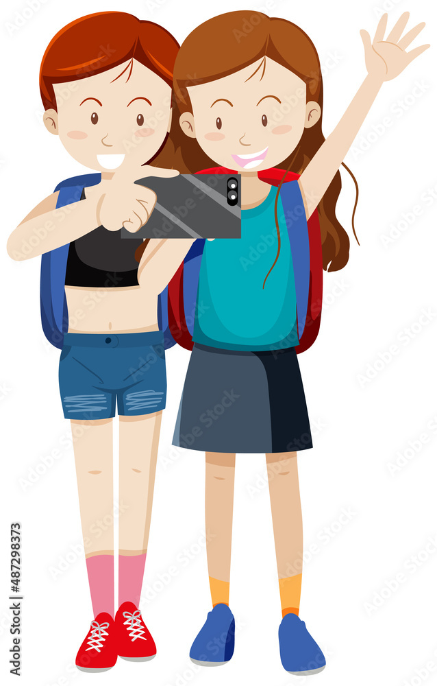 Two traveller girls taking selfie on white background