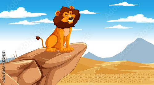 Desert scene with a lion sitting at the cliff
