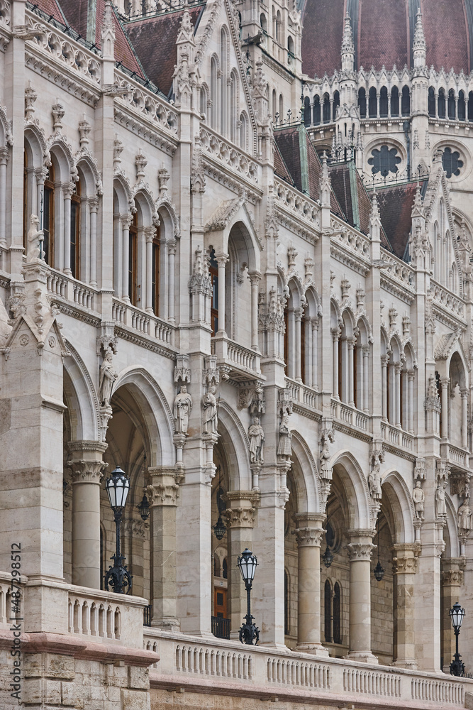 Hungarian parliament facade. Neogothical style. Budapest city center landmark