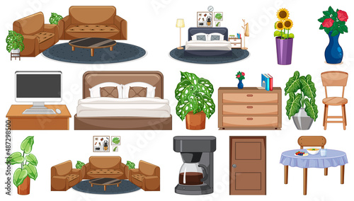 Set of interior furniture and decorations