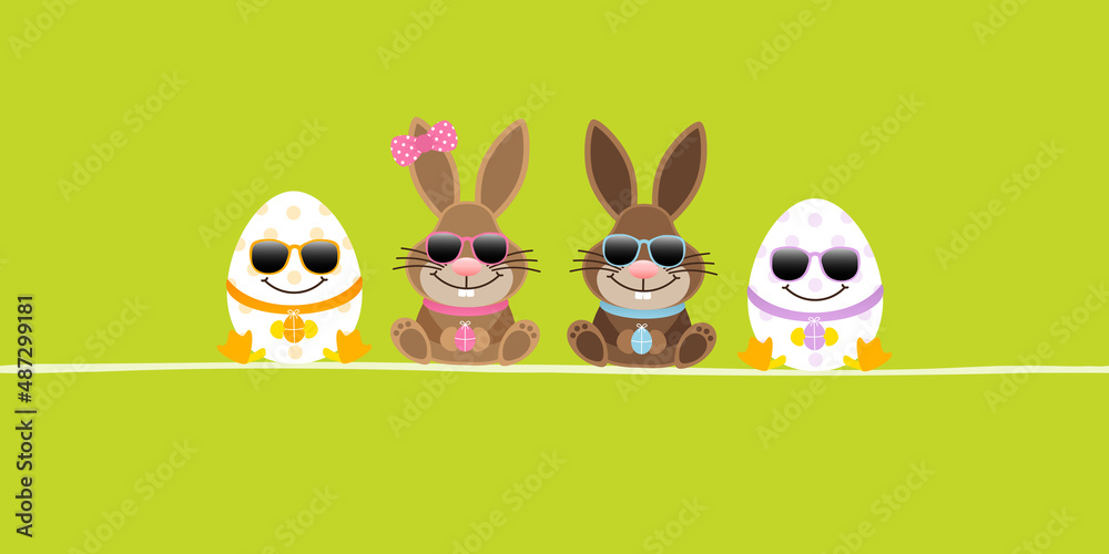 Fototapeta premium Osterhasen Mädchen & Junge Sonnenbrille & 2 Ostereier Banner Grün