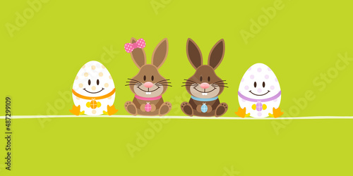 Osterhasen Mädchen & Junge & 2 Ostereier Banner Grün