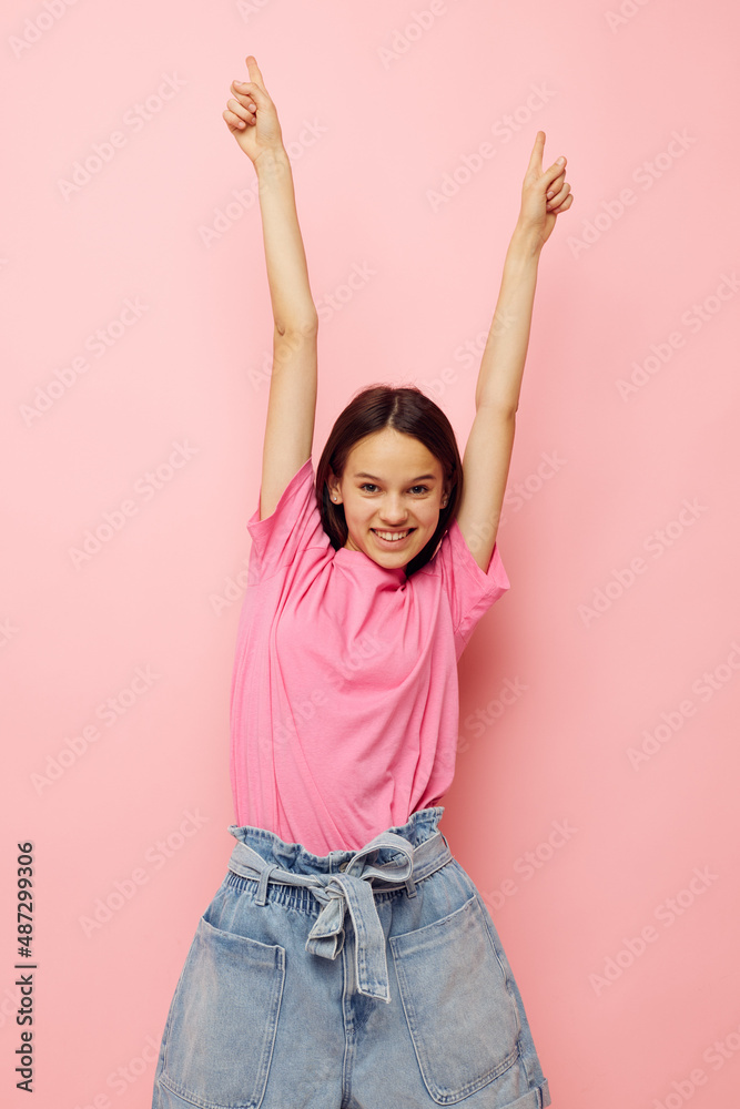 optimistic young woman in stylish clothes posing emotions cropped view