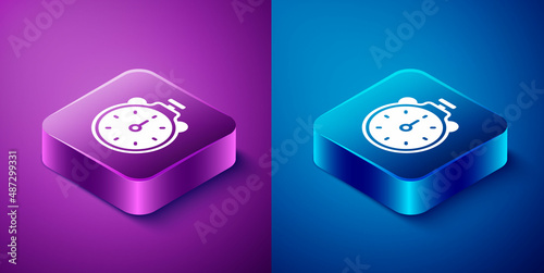 Isometric Stopwatch icon isolated on blue and purple background. Time timer sign. Chronometer sign. Square button. Vector