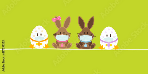 Osterhasen Mädchen & Junge & 2 Ostereier Maske Banner Grün