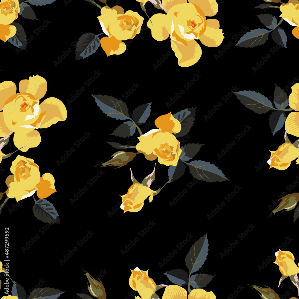 Vector Seamless floral pattern yellow roses and rose buds on black background for fabric design i