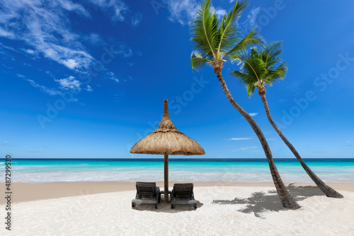 Palm trees and beach umbrella and chairs on sandy beach and turquoise sea. Summer vacation and travel concept.  © lucky-photo