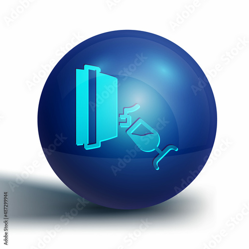 Blue Wine tasting, degustation icon isolated on white background. Wooden barrel for wine with glass. Blue circle button. Vector
