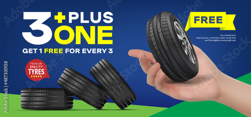 Get one free for every three tires. An open outstretched hand holds a wheel. Advertising campaign for the sale of a set of car wheels. Sale of wheels. Discount program. Boost. Banner. Poster. Flyer.