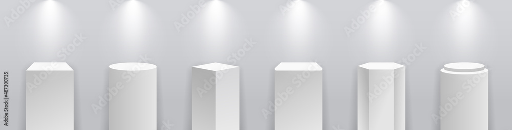 Pedestal podium. White stand with plinth for product. Museum stage. Pillar with platform for showroom, exposition and exhibition. Rectangle, cube, hexagon and round mockup with spotlight. Vector