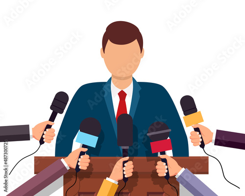 Press conference interview. Microphone of media journalist on press conference. Tv reporter on politics news. Hands holding microphones for man on reportage. Social, politician, business news. Vector