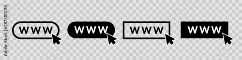 www icon. www web icon. Website url. Internet site and click with cursor. Outline webpage button. Search logos isolated on transparent background. Vector