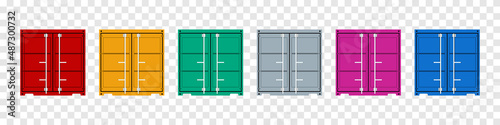 Cargo container. Cargo containers in port from ship. containers for freight, export, import and shipping. Logistic boxes with goods for warehouse isolated on transparent background. Vector
