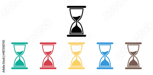 Hourglass. Hourglass icons. Sand glass icons for hour, time, clock and countdown. Black, green, red, yellow blue and brown symbols of watch and timer. Old sandglasss. Vector