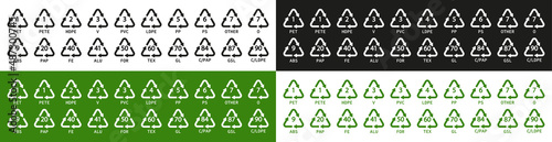 Plastic recycle symbols. Symbols of recycle plastic. Icon of pp, pet, hdpe, code, ldpe and pvc. Triangle logos for safety and ecology. Green, black and white icons. Vector