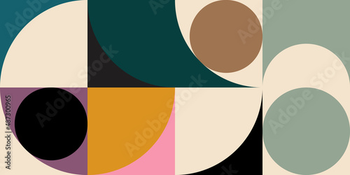 Modern vector abstract  geometric background with circles, rectangles and squares  in retro Scandinavian style. Pastel colored simple shapes graphic pattern.