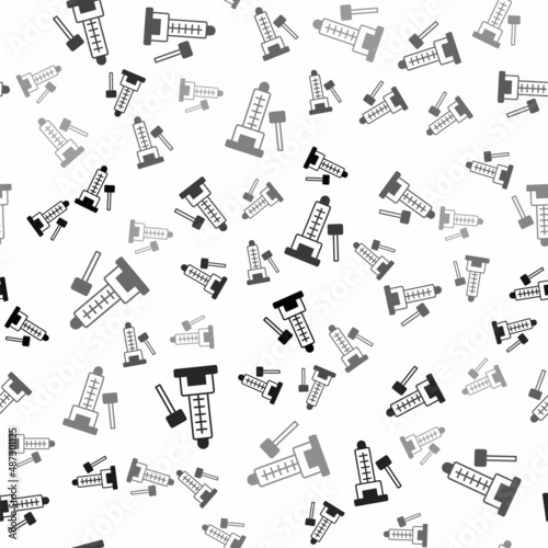 Black High striker attraction with big hammer icon isolated seamless pattern on white background. Attraction for measuring strength. Amusement park. Vector