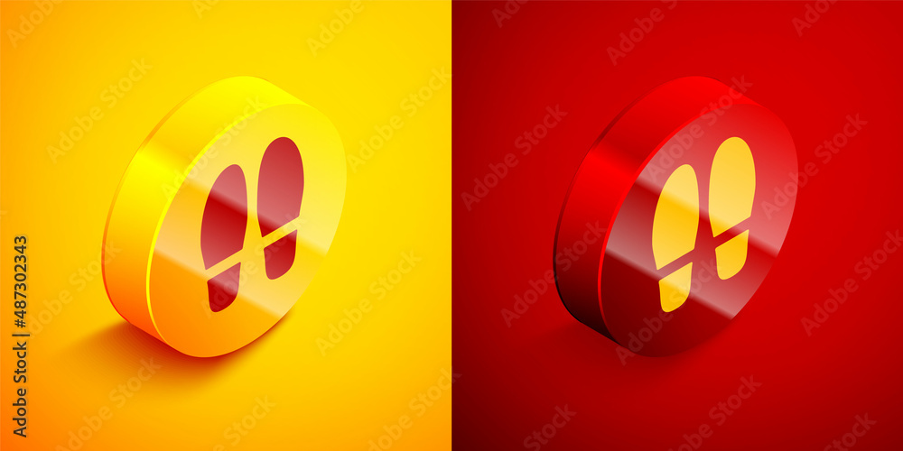 Isometric Footsteps icon isolated on orange and red background. Detective is investigating. To follow in the footsteps. Circle button. Vector Isometric Footsteps icon isolated on orange and red background. Detective is investigating. To follow in the footsteps. Circle button. Vector