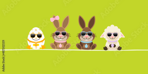 Schaf, 2 Osterhasen Mädchen/Junge & Osterei Sonnenbrille Banner Grün