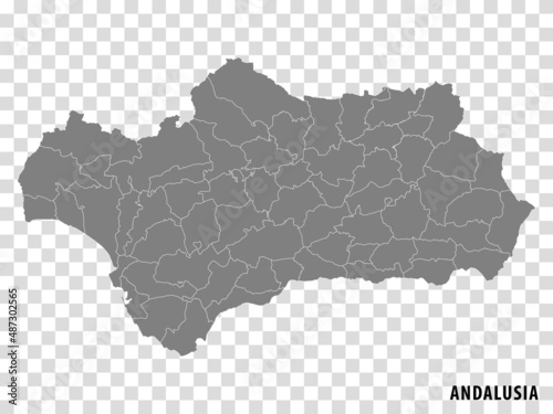 Blank map Andalusia of Spain. High quality map Comarcas of Andalusia on transparent background for your web site design, logo, app, UI. Spain. EPS10.