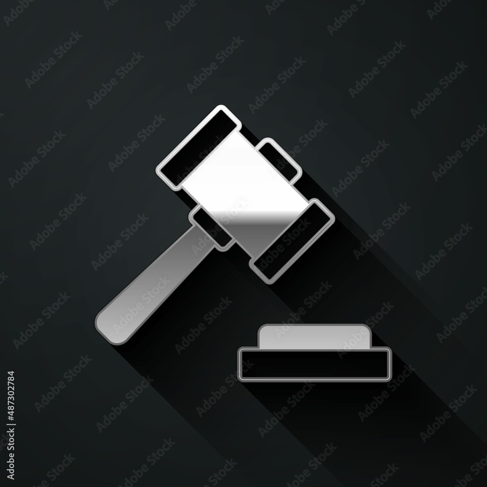 Silver Judge gavel icon isolated on black background. Gavel for adjudication of sentences and bills, court, justice. Auction hammer. Long shadow style. Vector Silver Judge gavel icon isolated on black background. Gavel for adjudication of sentences and bills, court, justice. Auction hammer. Long shadow style. Vector
