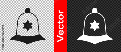 Black British police helmet icon isolated on transparent background. Vector