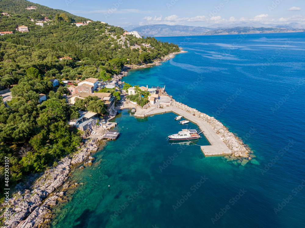 Aerial drone view of Nissaki Beach in corfu island greece