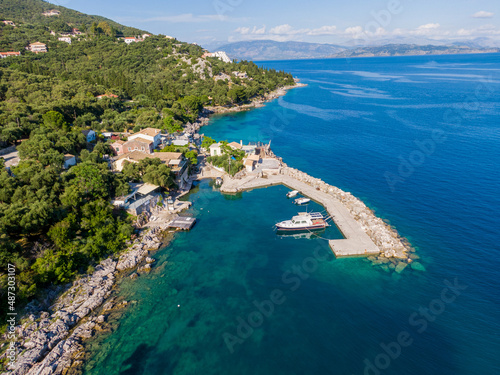 Aerial drone view of Nissaki Beach in corfu island greece