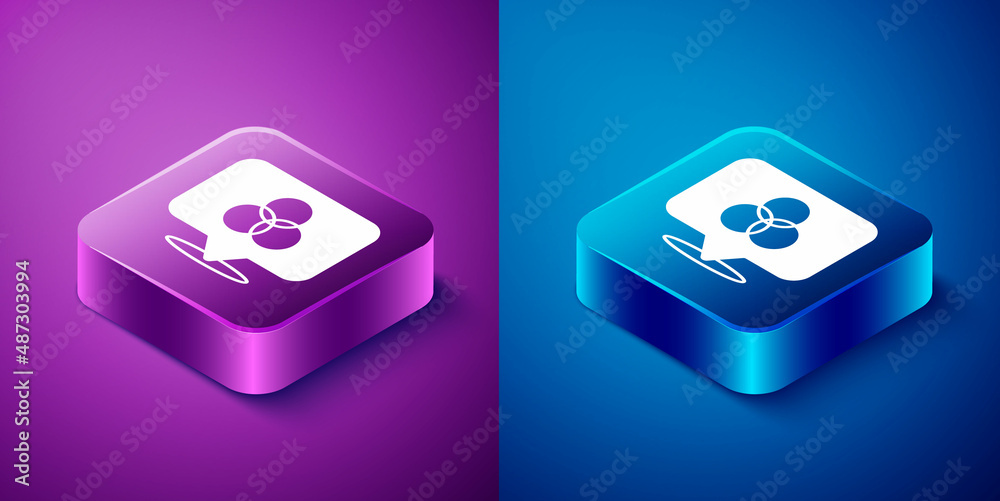 Isometric RGB and CMYK color mixing icon isolated on blue and purple background. Square button. Vector Isometric RGB and CMYK color mixing icon isolated on blue and purple background. Square button. Vector