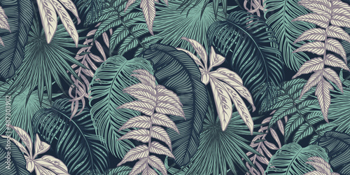 Beautiful seamless pattern with tropical jungle palm, monstera, banana leaves.