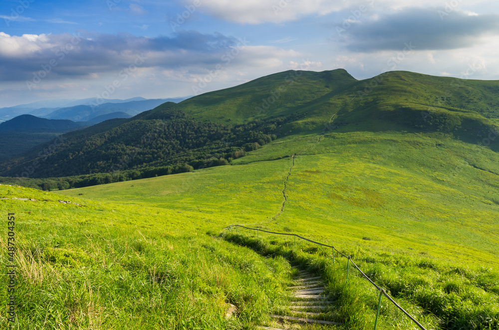 Green Bieszczady, View from Bukowe Berdo sunny day, Spring in the mountains