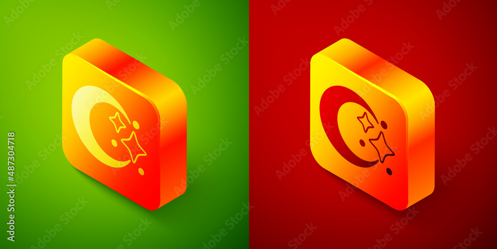 Isometric Moon and stars icon isolated on green and red background. Cloudy night sign. Sleep dreams symbol. Full moon. Night or bed time sign. Square button. Vector Isometric Moon and stars icon isolated on green and red background. Cloudy night sign. Sleep dreams symbol. Full moon. Night or bed time sign. Square button. Vector
