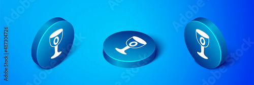 Isometric Medieval goblet icon isolated on blue background. Holy grail. Blue circle button. Vector
