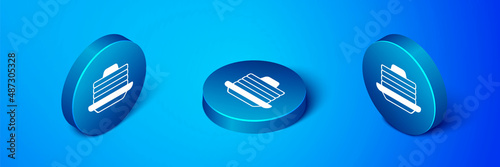 Isometric Stack of pancakes with honey icon isolated on blue background. Breakfast concept. Blue circle button. Vector