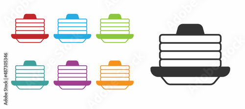 Black Stack of pancakes with honey icon isolated on white background. Breakfast concept. Set icons colorful. Vector