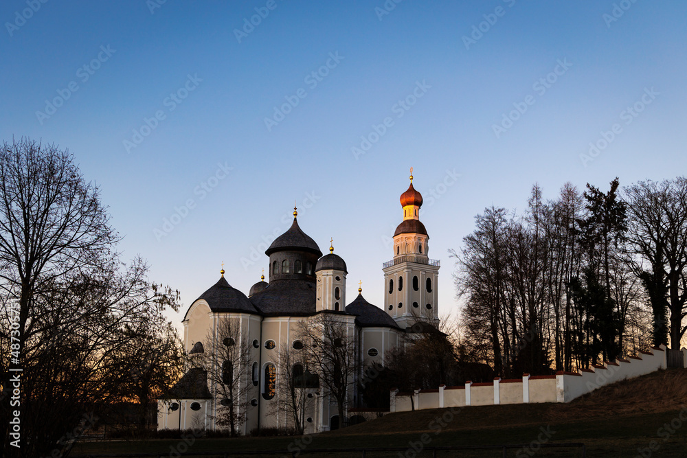 Maria Birnbaum pilgrimage church near the village of Sielenbach in Bavaria seen from above on a cloudless evening