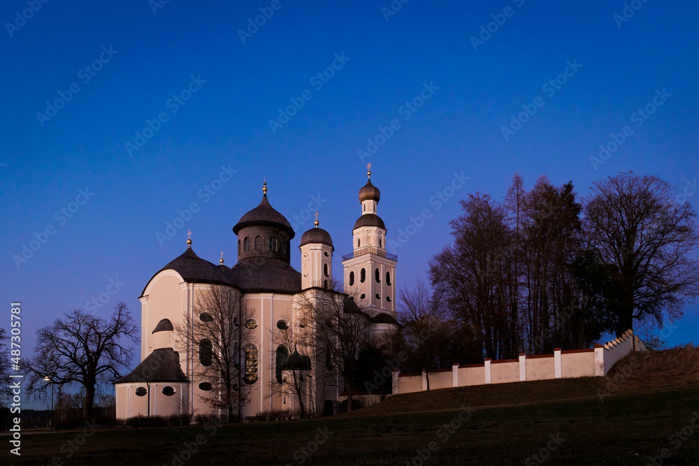 Maria Birnbaum pilgrimage church near the village of Sielenbach in Bavaria seen from above on a cloudless evening