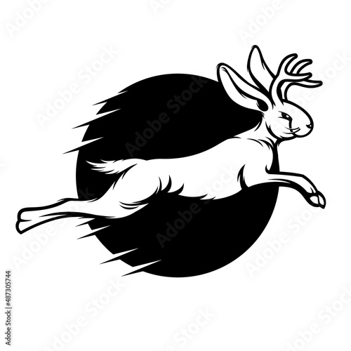 Jackalope running fast and jumping on black circle background 