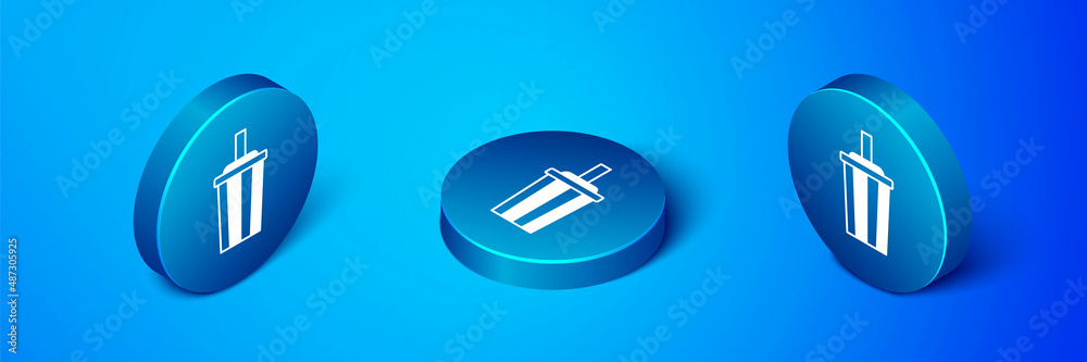 Isometric Paper glass with drinking straw and water icon isolated on blue background. Soda drink glass. Fresh cold beverage symbol. Blue circle button. Vector Isometric Paper glass with drinking straw and water icon isolated on blue background. Soda drink glass. Fresh cold beverage symbol. Blue circle button. Vector