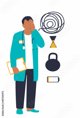 Tired male physician doctor. Burnout of medical staff nurses, doctors in conditions of increased workload, overtime work, epidemics. Stress, problem, anxiety, lack of performance. 