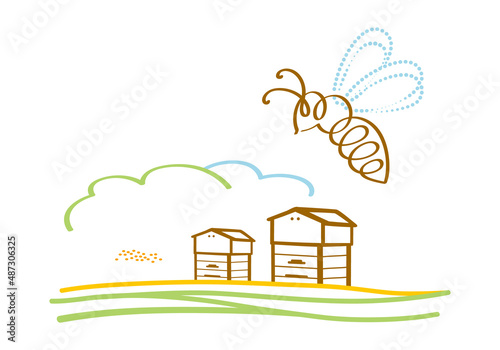 Color graphic illustration logo or icon, linear silhouette of stylized flying bee against background of meadows and apiary beehives. Isolated on background vector drawing for honey products, package.