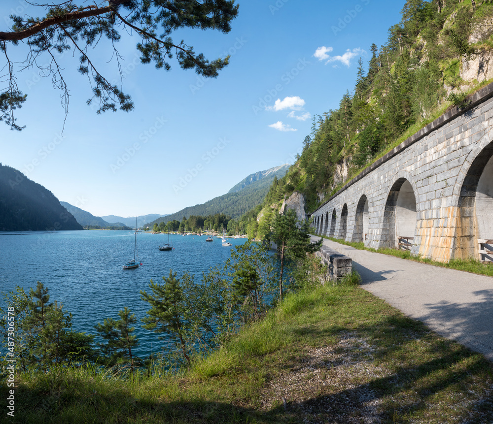 Fototapeta premium lakeside bike and walkway Achensee, slope reinforcement, lake view