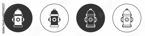 Black Fire hydrant icon isolated on white background. Circle button. Vector